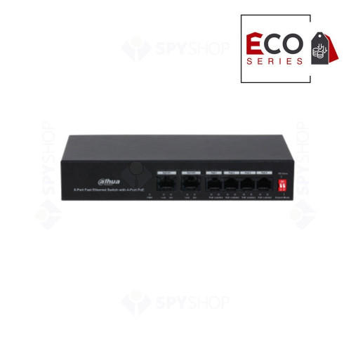 Switch 4 porturi Dahua Eco Series PFS3006-4ET-36, 10/100 Mbps, 1.2 Gbps, 0.89 Mpps, PoE