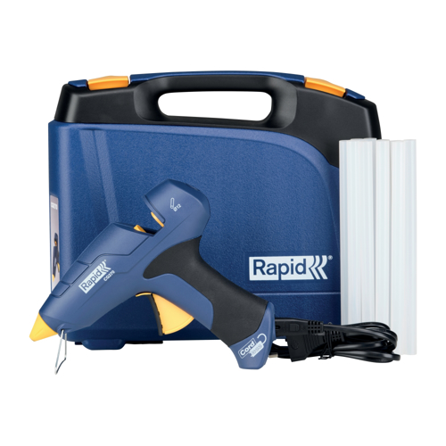Rapid 5001445, Pistol de lipit GlueGun Rapid CG270, albastru, max 250W, debit 350g/h, 200°C, include 10 batoane si geanta, functional cu batoane de 12mm