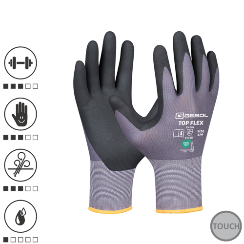 Gebol 709534_09, Manusi de protectie Top Flex, din nylon si elastan, acoperire din spuma de nitril, uz profesional, marimea 9/L