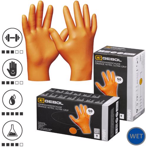 Gebol 709668, Set 50 de manusi de protectie Orange Nitril Ultra Grip, din nitril, uz profesional, marimea 8/M