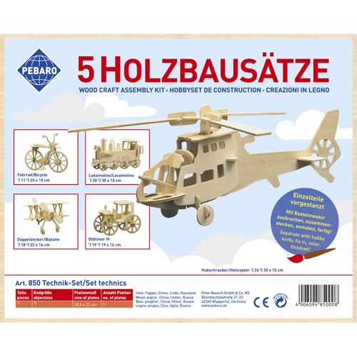 Pebaro 850, Kit 5 constructii din lemn, bicicleta, locomotiva, avion, masina de epoca si elicopter