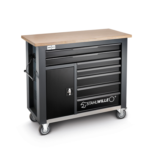 Stahlwille 85010621, Banc de lucru mobil WB 621, 7 sertare cu glisare completa, compartiment lateral, blat din lemn, inchidere centralizata, doar bancul