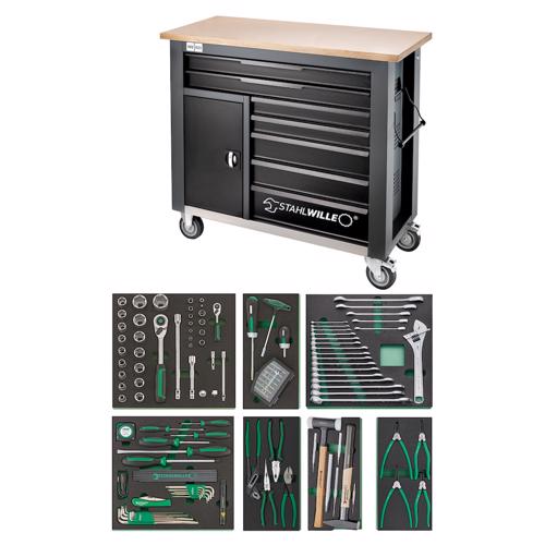 Stahlwille 98830194, Banc de lucru mobil WB 621/161QR, 7 sertare cu glisare completa, compartiment lateral, blat din lemn, inchidere centralizata si 161 de unelte