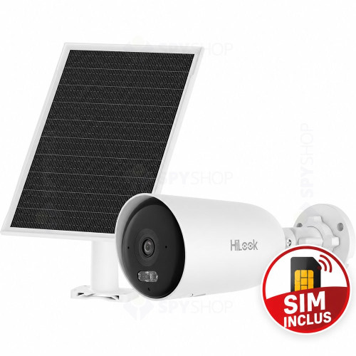 Camera supraveghere 4G LTE cu panou solar si iluminare duala Hikvision HiLook AOV IPC-CFS04/4G-SIM, 4 MP, 2.8 mm, IR/lumina alba 30 m, slot card, microfon si difuzor, acumulator 9000 mAh, always on video, SIM inclus