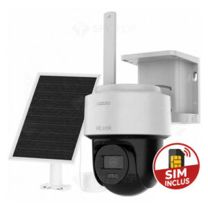 Camera supraveghere 4G LTE PT cu panou solar si iluminare duala Hikvision HiLook AOV IPC-CFSP4/4G-SIM, 4 MP, 2.8 mm, IR/lumina alba 30 m, slot card, microfon si difuzor, acumulator 9000 mAh, smart tracking, always on video, SIM inclus